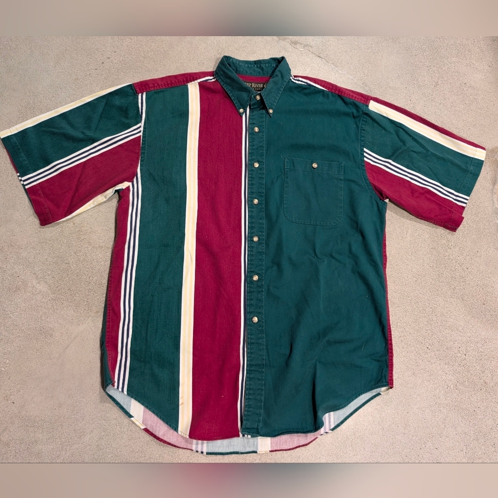 Vintage 90s Colorblock Striped Short Sleeve Button Up Shirt Green Maroon